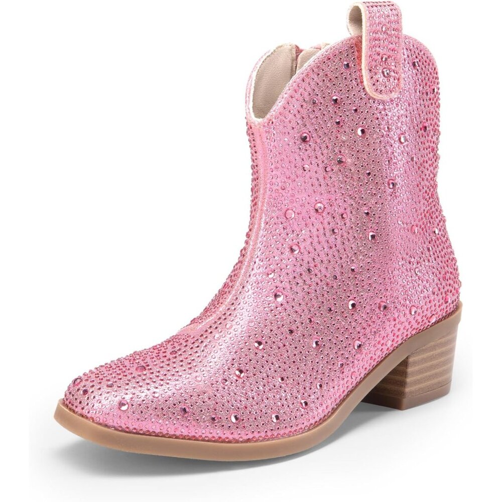 ⚡Girls Pink Cowgirl Rhinestone Zipper Boots Ankle Low Heel Dress Booties